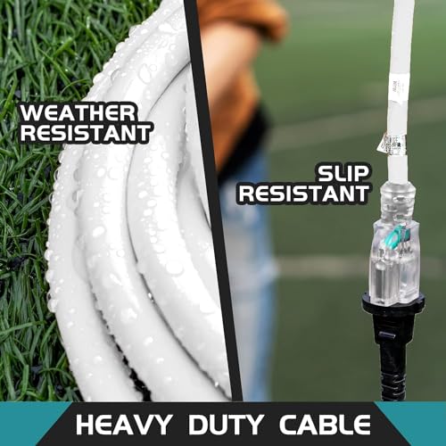 Extension Cord Weatherproof with Lighted End, UL Certified, 10 Gauge 3FT White 3 Prong Heavy Duty, 10/3 SJTW 15A Power Cord for Lights, Lawn - size: 3FT, style: 10/3