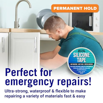 Better Boat Self Fusing Silicone Tape Waterproof White, Plumbing Tape for Leaks, Hose and Pipe Repair Tape, 1 in x 15 ft - color: White, size: 15 Ft x 1 in