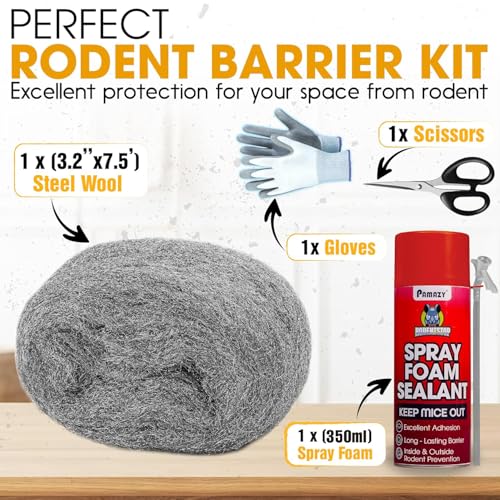 [Upgraded] Rodent Barrier Kit, Steel Wool Included PU Spray Foam Hole Filler for Mice Control 3.2"x7.5’ Rodent Control Fill Fabric, Gloves, Scissors,Gap Blocker in Hole Pipeline Vent in House, Garage - style: 1Pcs Steel Wool + 1Pcs Spray Foam