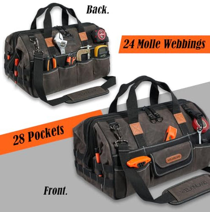 WELKINLAND 18 Inch Waxed Canvas Tool Bag, Heavy-Duty Electrical Tool Bag, Large-Opening 28-Pocket Tools Bag, 36L Tool Bags For Men, Quick-Access HVAC Tools Bags
