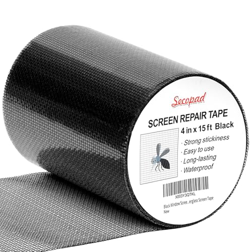 Secopad Black Window Screen Repair Tape, 4 in X 15 FT (180IN) Screen Repair Kit for Windows or Doors, Strong Adhesive Fiberglass Mesh Patch Tape - color: Black, size: 4IN X 15FT