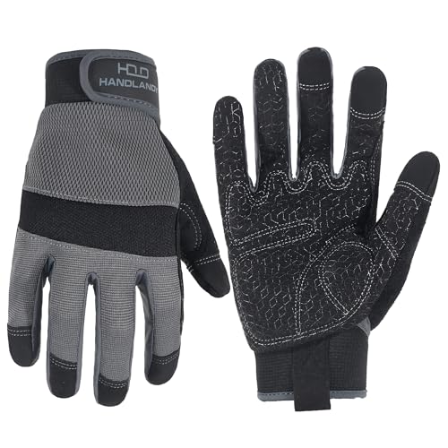 HANDLANDY Working Gloves for Men & Women, Safety Work Gloves with Grip for Warehouse Construction Garden Yard Outside (Grey-Grip, Small (Pack of 1)) - color: Grey (1 Pair), size: Small