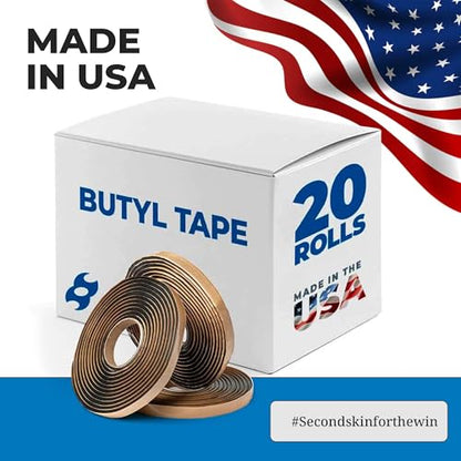 Second Skin Butyl Tape – 20 Roll (20ft x 1/2” x 1/4”) | Black Butyl Sealant Tape for RV, Auto, Marine, Headlight Repair, Window Glazing Tape | Weatherproof & Waterproof, Indoor & Outdoor, Made in USA - size: 20 Butyl Tape