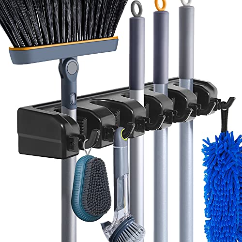 HYRIXDIRECT Broom Hanger Wall Mount Broom and Mop Organizer Wall Hanging Garden Tool Organizers Rack Garage Laundry Room Organizations and Storage with Hooks Heavy Duty - color: Black