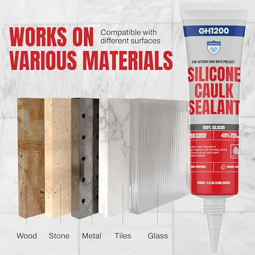 GH1200 150 ML/5 FL Oz Silicone Caulk Clear Silicone Sealant Waterproof, Kitchen & Bathroom Caulk - Shrink & Crack Proof - Indoor & Outdoor Use Silicone Glue - Strong Caulking Formula Tube - style: 150 ML Clear Sealant