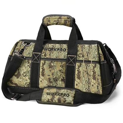 WORKPRO 16-Inch Wide Mouth Tool Bag, Multi-Pocket Tool Bags for Men with Adjustable Shoulder Strap, Waterproof Oxford Fabric and Sturdy Buttom - color: Camouflage