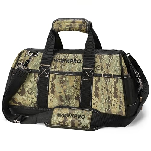 WORKPRO 16-Inch Wide Mouth Tool Bag, Multi-Pocket Tool Bags for Men with Adjustable Shoulder Strap, Waterproof Oxford Fabric and Sturdy Buttom - color: Camouflage