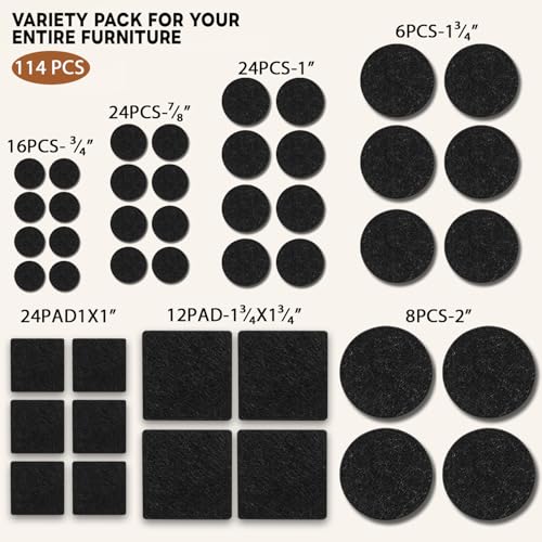 Felt Furniture Pads 114 PCS, 7 Sizes, Felt Pads for Chair Legs, Suitable for Round and Square Chair Legs, to Prevent Scratches, Reduce Noise and Protect The Floor (Black) - size: 114PCS-Black