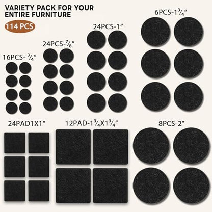 Felt Furniture Pads 114 PCS, 7 Sizes, Felt Pads for Chair Legs, Suitable for Round and Square Chair Legs, to Prevent Scratches, Reduce Noise and Protect The Floor (Black) - size: 114PCS-Black