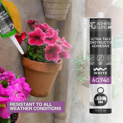 Adhesive Guru AG740 Ultra Tack Hybrid Construction Adhesive (24x10.5 fl oz), Heavy Duty Indoor Outdoor Caulk Sealant, White - 24 Pack - style: 24 Pack