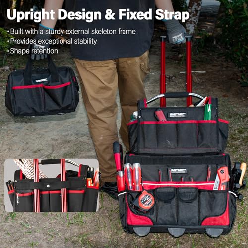 HAUTMEC 3-Piece Rolling Tool Bag Set, 18" Wheeled Tool Bag, 15" Open Top Tool Tote & 12" Wide Mouth Small Bag, Heavy-Duty 1680D Water-Resistant Tool Storage with Off-Road Wheel & Telescoping Handle - style: 3-Pcs Set | Red