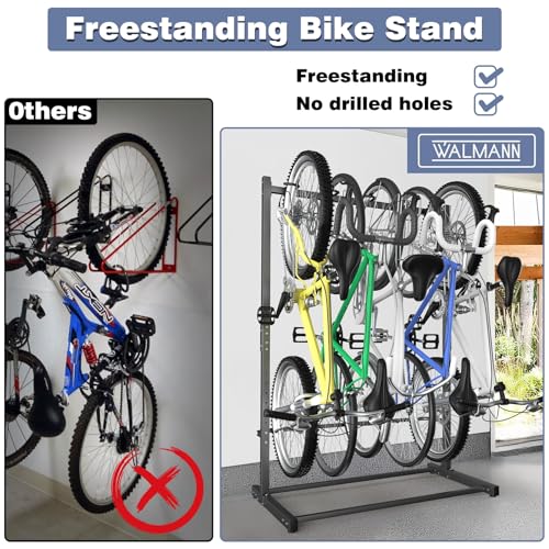 WALMANN Freestanding Bike Stand for Garage, 5 Bikes Vertical Bike Storage Stand Heavy Duty Bike Floor Stand, Holds Up to 70 lbs/Hook - style: Bike stand for 5 bikes