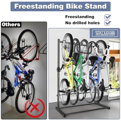 WALMANN Freestanding Bike Stand for Garage, 5 Bikes Vertical Bike Storage Stand Heavy Duty Bike Floor Stand, Holds Up to 70 lbs/Hook - style: Bike stand for 5 bikes