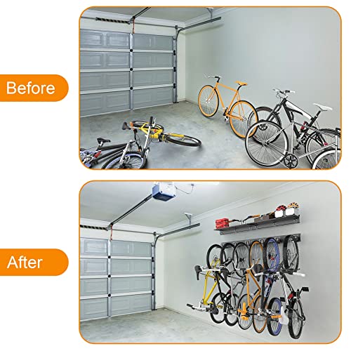 TORACK Wall Mounted Bike Storage Rack with Shelf, 6 Bikes Hangers for Garage, Space Saving Bike Rack Wall Mount, Holds Up to 600 lbs - size: 96" Rail