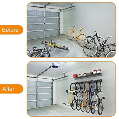 TORACK Wall Mounted Bike Storage Rack with Shelf, 6 Bikes Hangers for Garage, Space Saving Bike Rack Wall Mount, Holds Up to 600 lbs - size: 96" Rail