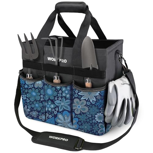 WORKPRO Garden Tool Bag Organizer, Heavy Duty Gardening Tote Bag with 10 Pockets and Long Adjustable Shoulder Strap, Standable Garden Home Tool Kits Organizer, Floral Blue (Tools are not Included) - color: Floral Blue