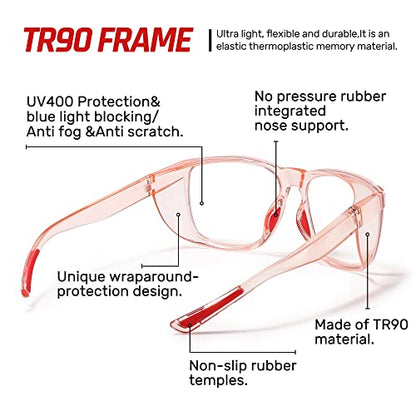 DILANCO Clear Safety Glasses Goggles With Side Shields for Women Men,Fog & Scratch-Resistant Complete UV Protection Eyewear - color: Pink