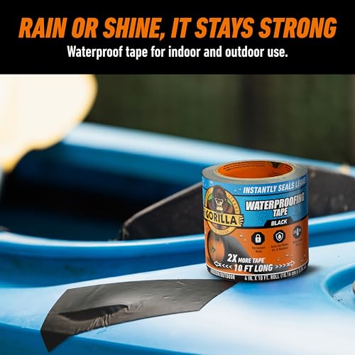 Gorilla Waterproof Patch & Seal Tape, Black Tape, 4" x 10' (Pack of 4) - Permanent Weather Resistant Seal for Leaks and Repairs - size: 4 - Pack