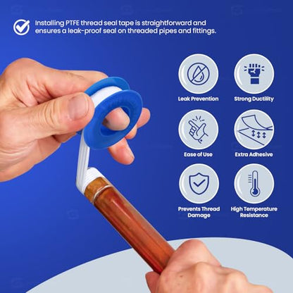 Supply Giant Plumbers PTFE Tape 3/4" W x 520" L 10 Rolls Pipe Thread Tape, High Density Thread Sealant Tape Water Seal Plumbing Tape for Shower Head, Pipes, Gas Lines, Leak Prevention - size: 520", style: Pack of 10