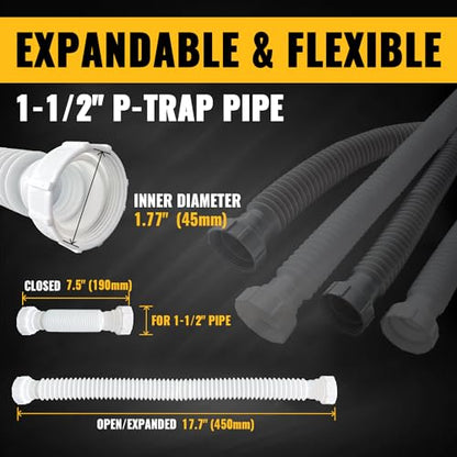 VIVIDA 1-1/2" Sink Drain Pipe Kit, Flexible Drain Pipe P Trap, 7.5"-17.7" Flexible P Trap, Under Sink Plumbing for Bathroom & Kitchen, 1-1/4" Adapter Included, 1 PACK - color: White, size: 7.5" to 17.7"