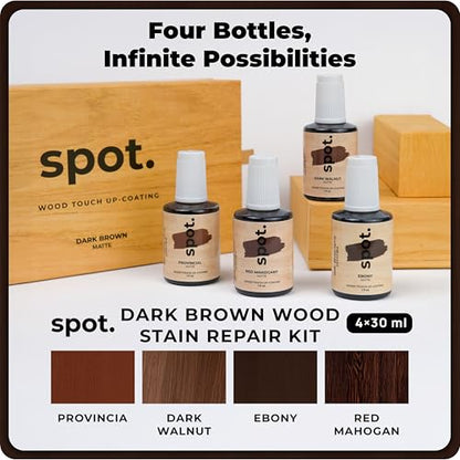 Dark Brown Wood Stain Repair Kit, Brush-On Touch-Up Stain Bottles, Provincial, Dark Walnut, Ebony, Red Mahogany, Interior and Exterior Wood, 4 fl oz Total by spot. - color: Dark Brown