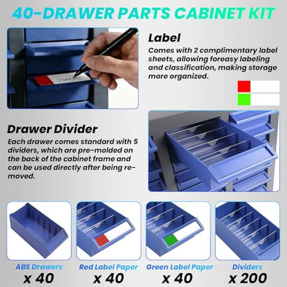 40 Drawers Bolt & Nut Tool Storage Cabinet with ABS Material, 25.8” x 8.66” x 24.8” Parts Cabinet with Label Stickers & Shelves, Parts Cabinet for Tool Hardware Storage, Auto Repair Shop (40 Drawer) - size: 40 Drawer