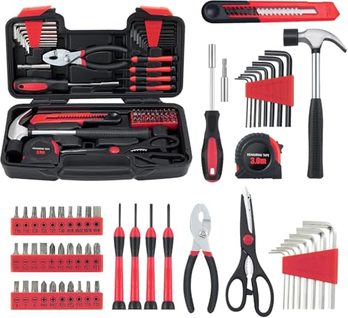 MARTCOLOR 58 Piece Household Tool Set, General Household Hand Tool Kit with Plastic Toolbox Storage Case, All Purpose Household Tool Kit for Home, Garage, Office and College Dormitory Use, Red - color: Red