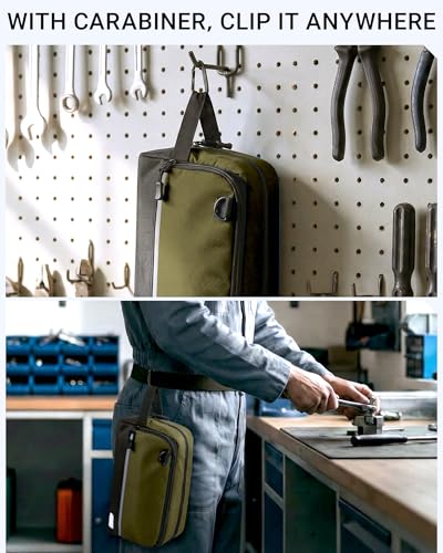2 Pack Small Tool Bags Zipper Pouch for Organizing, with Adjustable Shoulder Strap & Carabiner, Utility Small Tool Pouch with Multi Pocket Compartments and Label Area (12" & 10") - color: Blue/Green