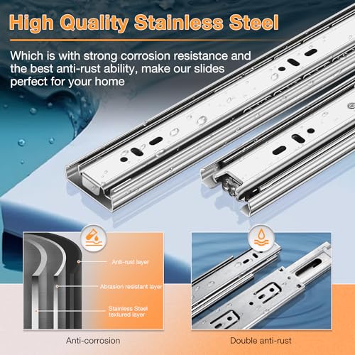 YENUO Stainless Steel Drawer Slides Full Extension 10 12 14 16 18 20 22 24 Inch Side Mount Ball Bearing Dresser Cabinet Kitchen Rails Track Guide Glides Runners Heavy Duty 100 Lbs (1 Pair, 16 Inch) - color: White-Stainless Steel, size: 16 Inch