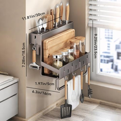 Multifunctional Wall-Mounted Knife Holder Kitchen Utensils Holder Spice Storage Organizer Rack for Knives, Spoons, Chopsticks, Towels, Pot Lids, Spice Jars (Black) - color: Black