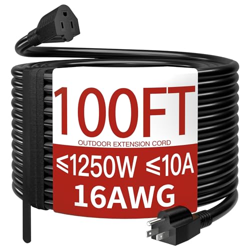 16AWG 10A 1250W 125V 100 Ft Outdoor Extension Cord Waterproof, Weatherproof & Flame Retardant Black 3 Prong Power Cord Outside for Lawn & Garden, SJTW ETL Listed