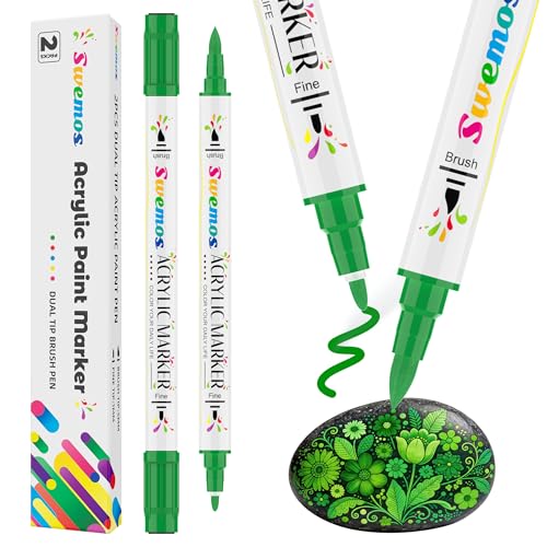 Swemos 2Pcs Green Acrylic Paint Pens Markers, Dual Tip with Fine Tip and Brush Tip Pens Acrylic Paint Markers Waterproof Acrylic Markers Set for Rock, Canvas Stone, Wood, Glass, Metal (GREEN, 2) - style: GREEN