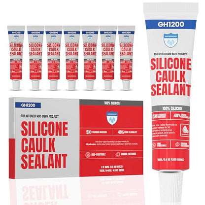 GH1200 18 ML x 8 PCs Silicone Caulk Clear Silicone Sealant Waterproof, Kitchen & Bathroom Caulk - Shrink & Crack Proof - Pocket-Friendly Small Size Indoor & Outdoor Use Silicone Glue - Strong Caulking - style: 18ML x 8PCs Clear Sealant