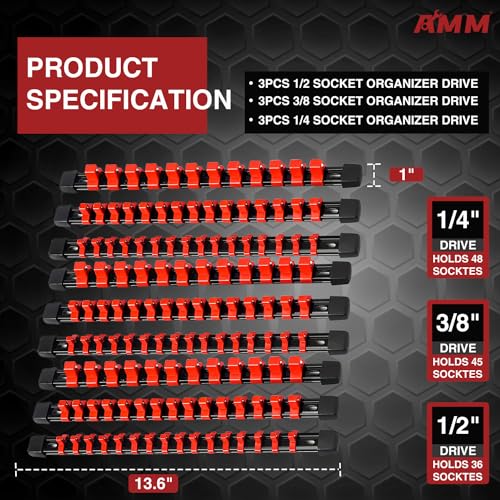 AMM 9-Piece Socket Organizer, 1/2, 3/8 & 1/4 inch Drive ABS Socket Holder, Heavy Duty Socket Racks - color: Red, size: 9PC