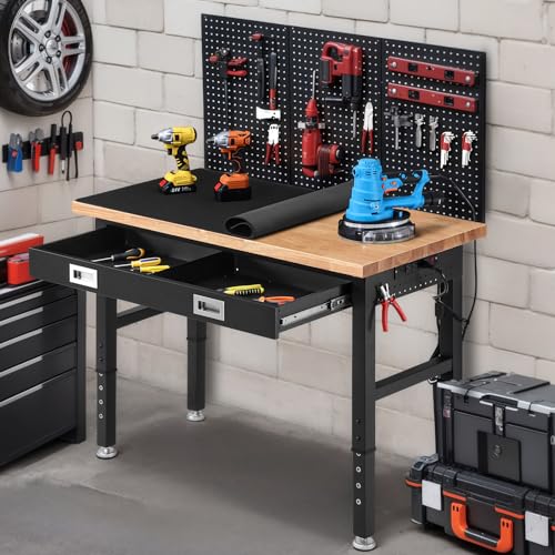 ENJOYWOOD 48" Adjustable Height Workbench with Drawers, Rubberwood Top, Pegboard & Power Outlets, Heavy Duty Work Table for Garage, Workshop & Home - size: XX-Small