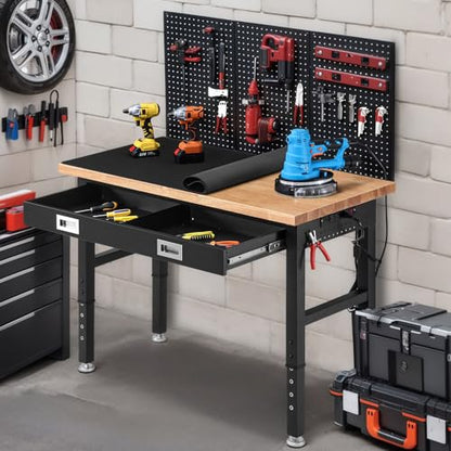ENJOYWOOD 48" Adjustable Height Workbench with Drawers, Rubberwood Top, Pegboard & Power Outlets, Heavy Duty Work Table for Garage, Workshop & Home - size: XX-Small