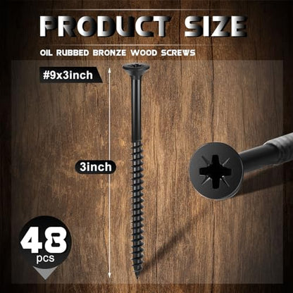 Hicarer 48 Pcs Oil Rubbed Bronze Wood Screws 9 x 3 Inch Black Extra Long Security Door Cabinet DIY Projects Hinge Screws, Flat Head, Anti Corrosion