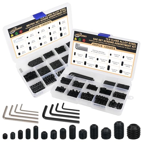 1219Pcs 26Sizes Set Screw Assortment Kit Metric & SAE 12.9 Class Alloy Steel Grub Screws, Internal Hex Allen Drive Cup Point Set Screws for Bathroom Fixtures Door Handles (M3-M8, 1/8"-40 to 5/16"-18) - size: 1219PCS 26Size