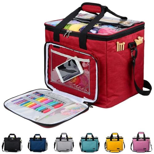 Hoshin Knitting Bag for Yarn Storage, High Capacity Yarn Totes Organizer with Inner Divider Portable for Carrying Project, Knitting Needles(up to 14”), Crochet Hooks, Skeins of Yarn (Red) - color: Red