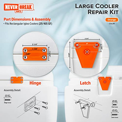 NeverBreak Parts - Igloo Cooler Replacement Parts - Large Repair Kit | High Strength Igloo Cooler Hinges Replacement with Latches | Ice Chest Repair Kit - color: Orange