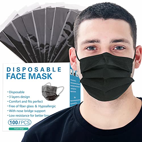 Individually Wrapped Masks 100 Pack Disposable,Face Mask Protection for Adults 3-Layer Filter Safety Face Masks(100, Black)