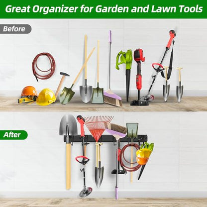 PIYILO Garage Tool Organizer Wall Mount with 48 inches Rails and 6 Double-layer Hooks, Garden Tool Rack Heavy Duty, Garage Hanging Storage Rack For Yard Tools, Shovel, Shed - size: 48 Inch Double-layer 6-hook