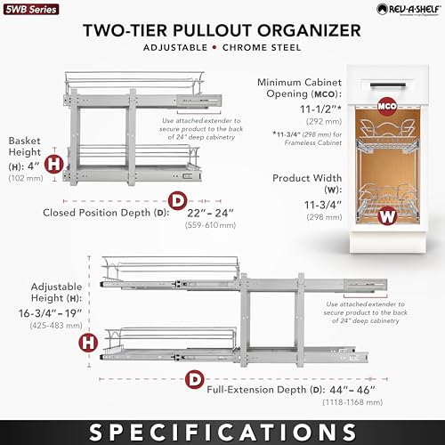 Rev-A-Shelf 2-Tier Kitchen Cabinet Pullout Shelf and Drawer Organizer Slide Out Pantry Storage Basket in Multiple Sizes, 12 x 22 In, 5WB2-1222CR-1 - size: 12" W X 22"d, style: Two Tier