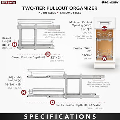 Rev-A-Shelf 2-Tier Kitchen Cabinet Pullout Shelf and Drawer Organizer Slide Out Pantry Storage Basket in Multiple Sizes, 12 x 22 In, 5WB2-1222CR-1 - size: 12" W X 22"d, style: Two Tier