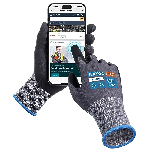 KAYGO Safety Work Gloves MicroFoam Nitrile Coated, 3 Pairs KG18NB,Seamless Knit Nylon Glove with full fingers Touchscreen, Ideal for Automotive,Warehouse,Construction (Gray,Medium) - color: Gray (Touch Screen), size: Medium