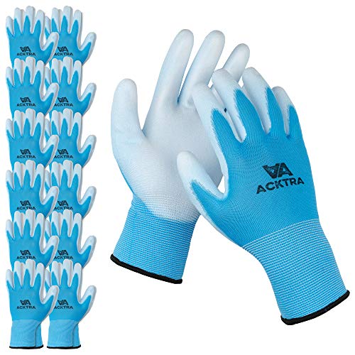ACKTRA Ultra-Thin PU Safety WORK GLOVES 12 Pairs, WG002 Blue/White, Large - color: Blue/White, size: Large (Pack of 12)