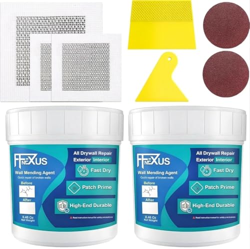 Drywall Repair Kit – 2×8.47 oz Putty Jars with 2×2″ & 4×4″ Wall Patch Mesh, Small & Large Scrapers & 2 Sandpapers | Quick-Dry Spackle & Sheetrock Crack Filler for Wall, Ceiling & Plaster Repair - color: 2 Pack & 3 Wall Patches
