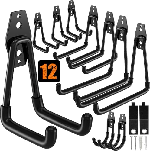 QcoQce 12 Pack Garage Hooks Heavy Duty, Wall Mount Utility Hooks with Extension Cord Straps, Anti-Slip Coating for Bike, Ladder, Hose, Garage Organization, Includes Screws (Black) - color: Black, size: 12pack
