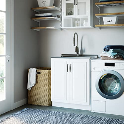 SIMPLIHOME Darwin All-in-One 28 inch Wide Utility Sink and Laundry Cabinet in Pure White Finish, Transitional Stainless Steel Sink Cabinet for Laundry Rooms with High-Arch Pull-Out Faucet and Storage - size: 28 Inch, style: Stainless Steel Sink
