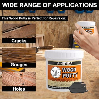 Gray Wood Filler Repair Kit - Paintable, Stainable Wood Putty for Restore Cracks and Holes on Wooden Floor Furniture, Vinyl, Laminate, Veneer, Cabinet